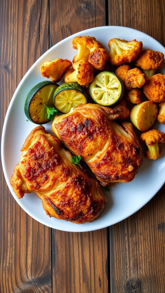 Affordable Keto Air Fryer Meals A plate of crispy air-fried chicken thighs, zucchini fries, and cauliflower bites on a wooden table.